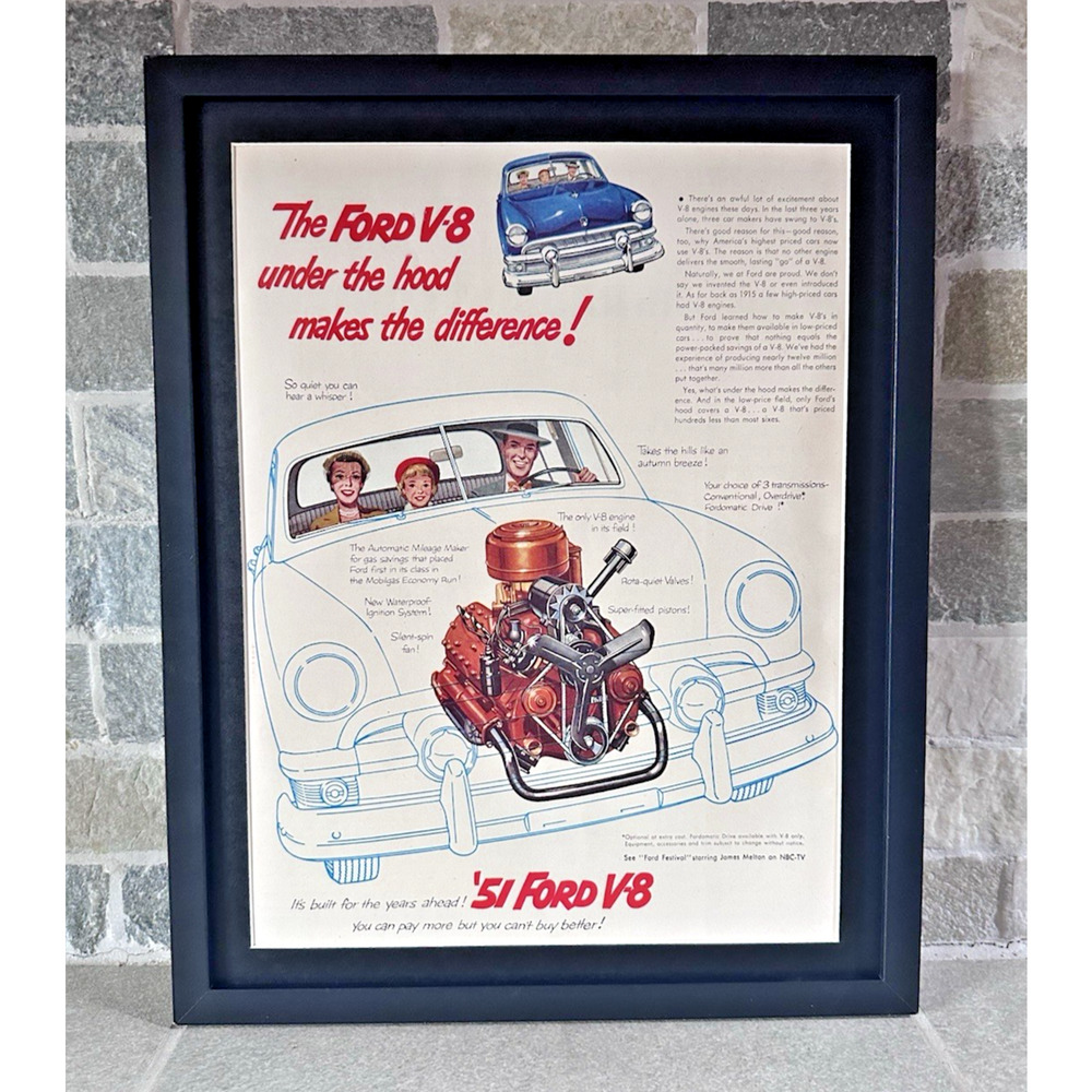 Framed 1951 Ford V8 Motor Engine Vintage Print Ad